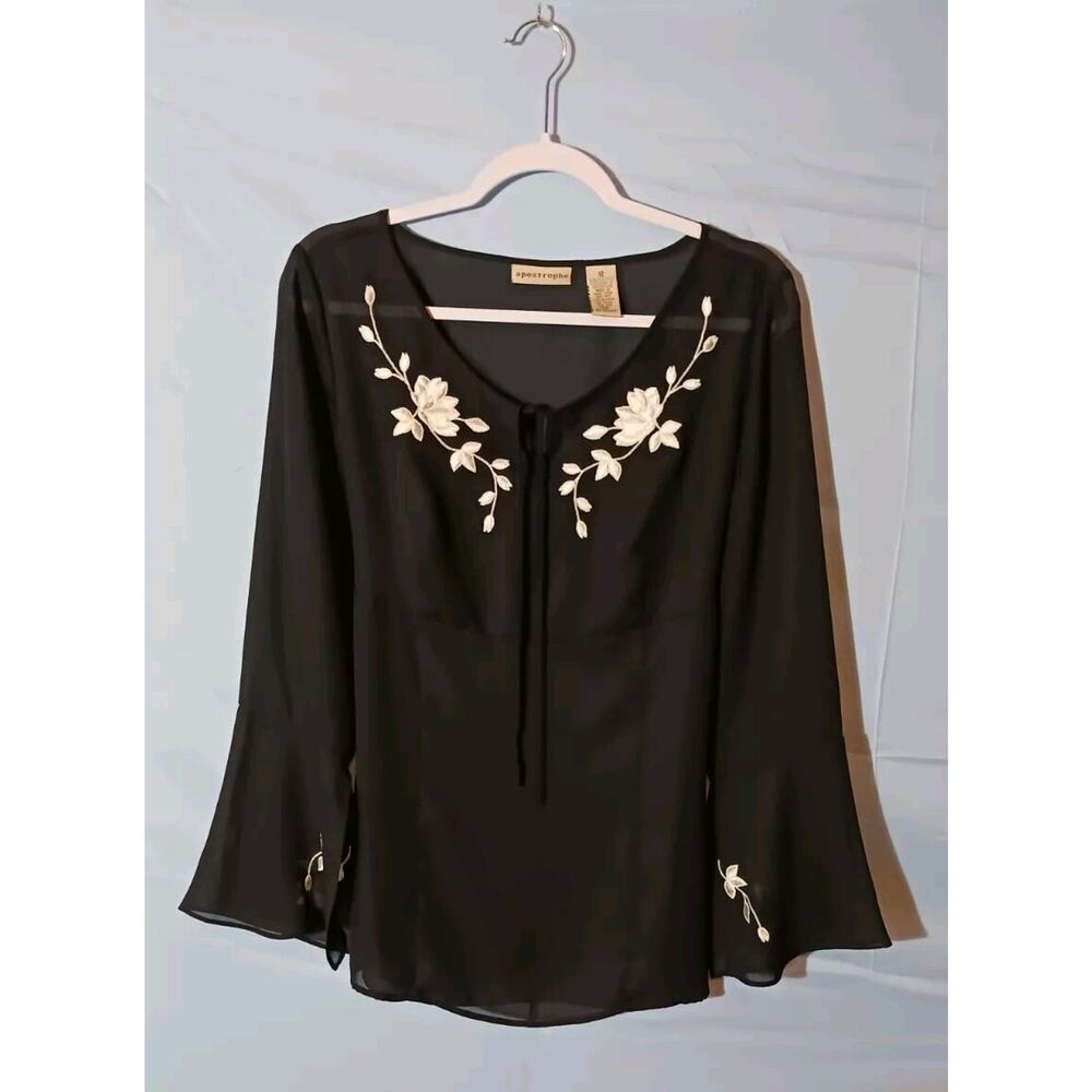 Apostrophe Sheer Black Floral Long Sleeve Blouse Top Size 12
